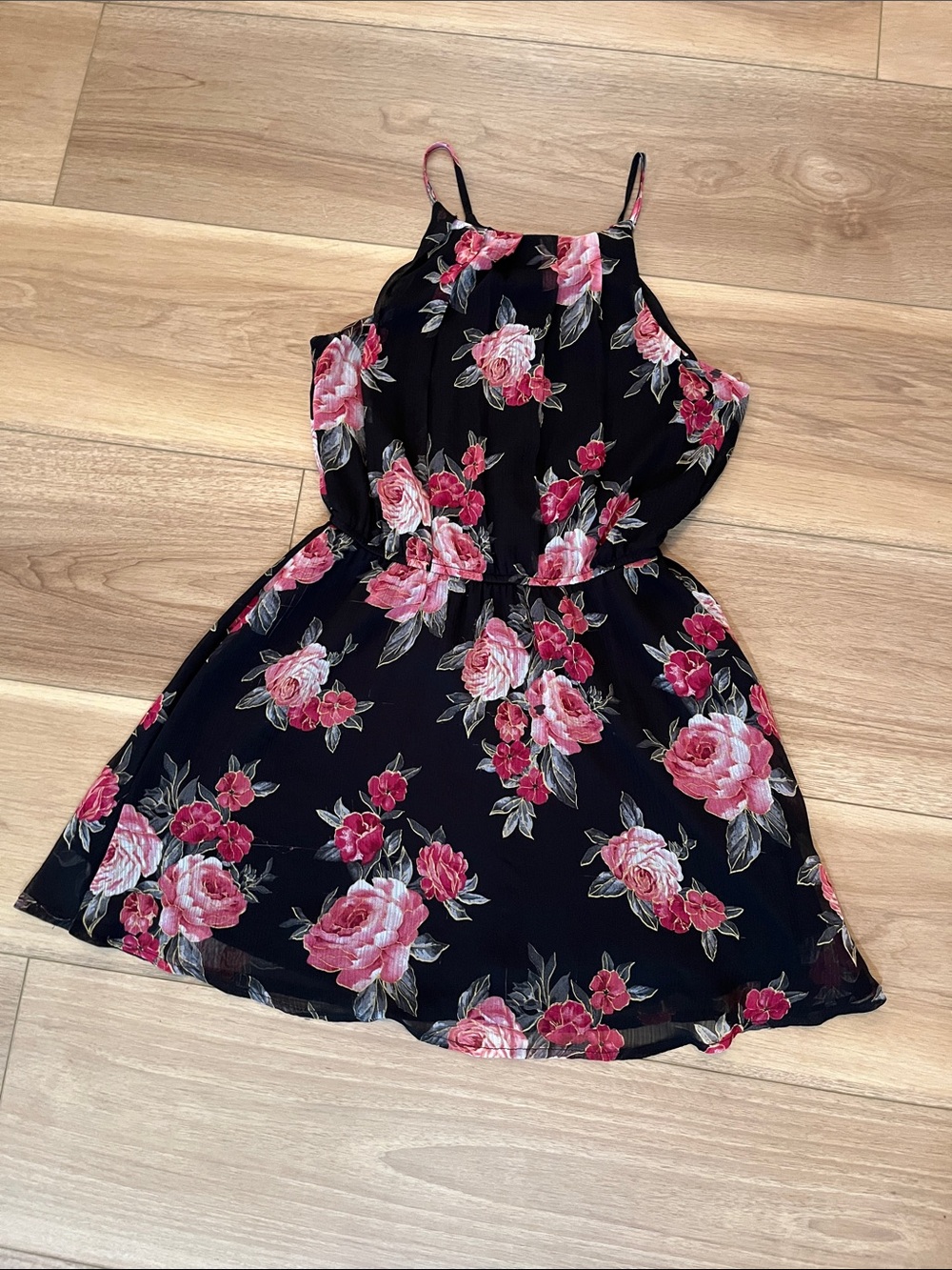 Trixxi Black Floral Halter Mini Dress with Pink Roses